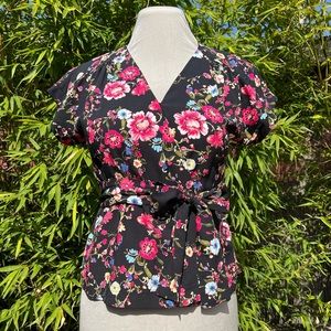 Vintage Style Wrap Blouse With Flowers - Medium